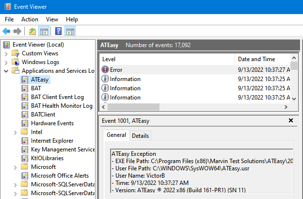 The Windows Event Viewer filtered to show ATEasy Exceptions